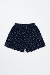 Avauma Petitbloom mom shorts in deepblue flower pattern laid flat, casual summer wear.